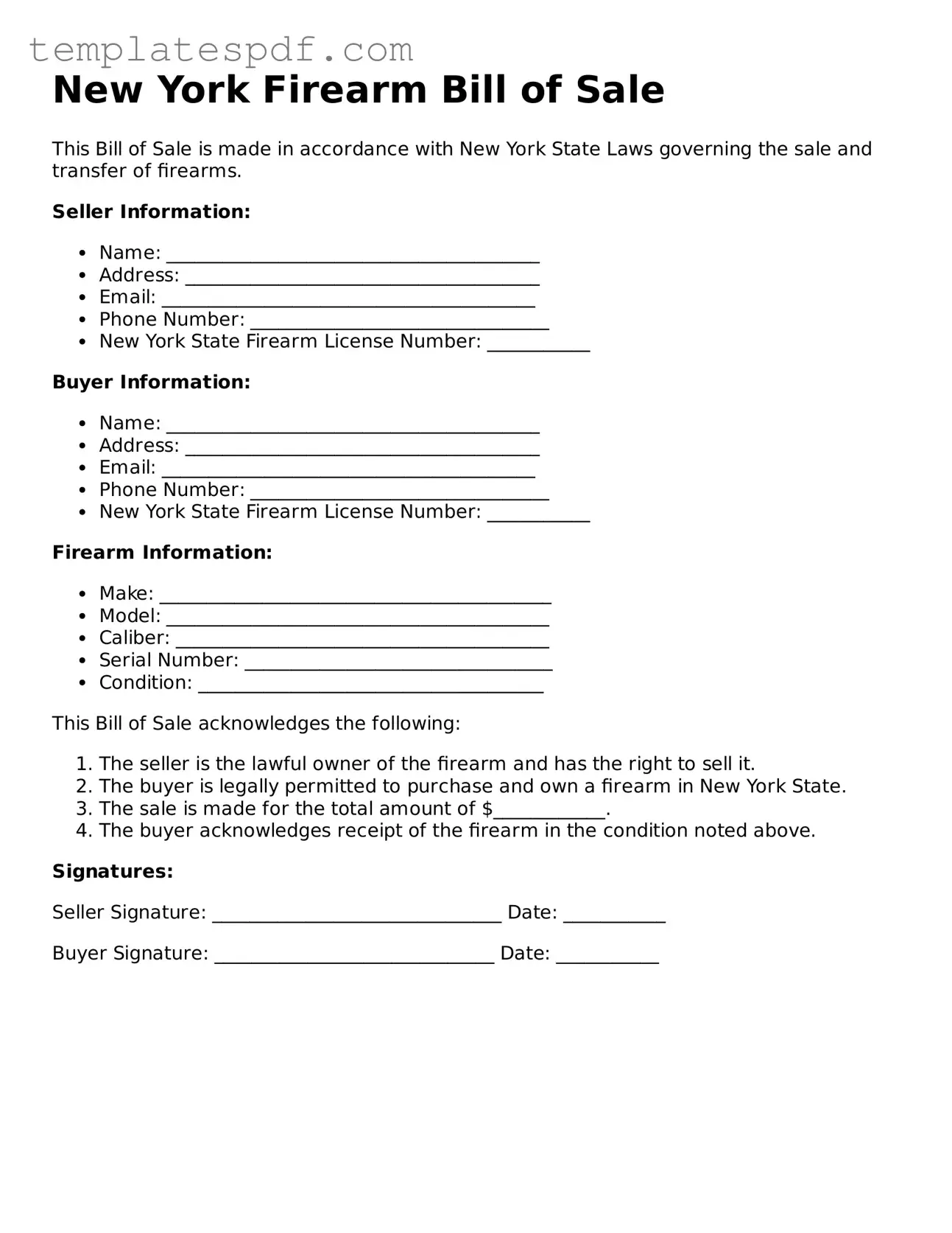 Official  Firearm Bill of Sale Form for New York