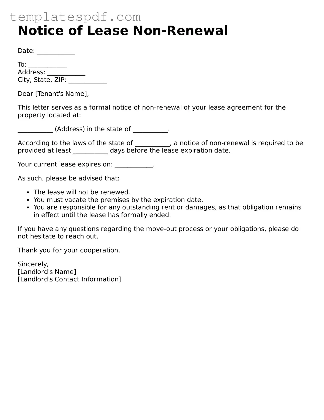 Printable Notice of Lease Non-Renewal Form