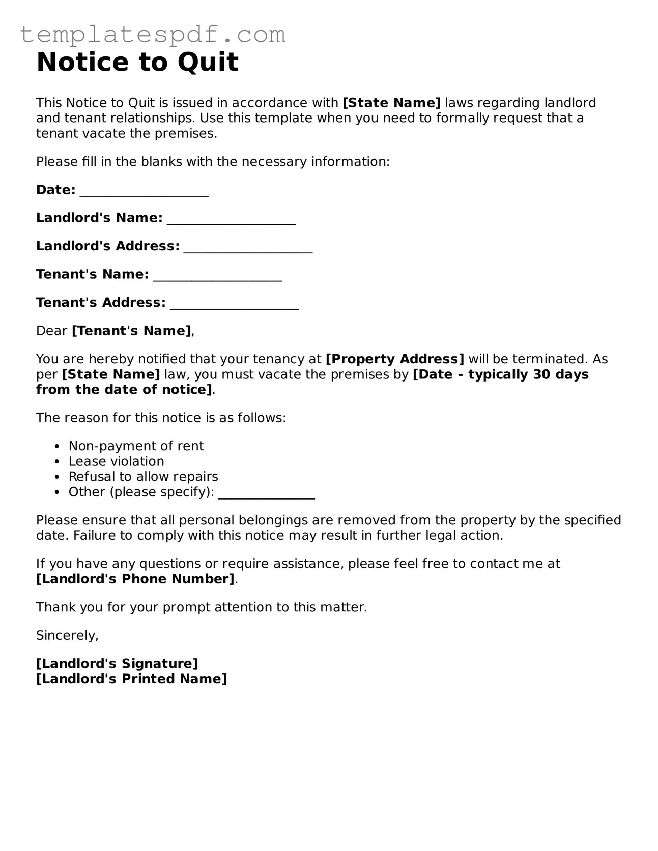 Printable Notice to Quit Form