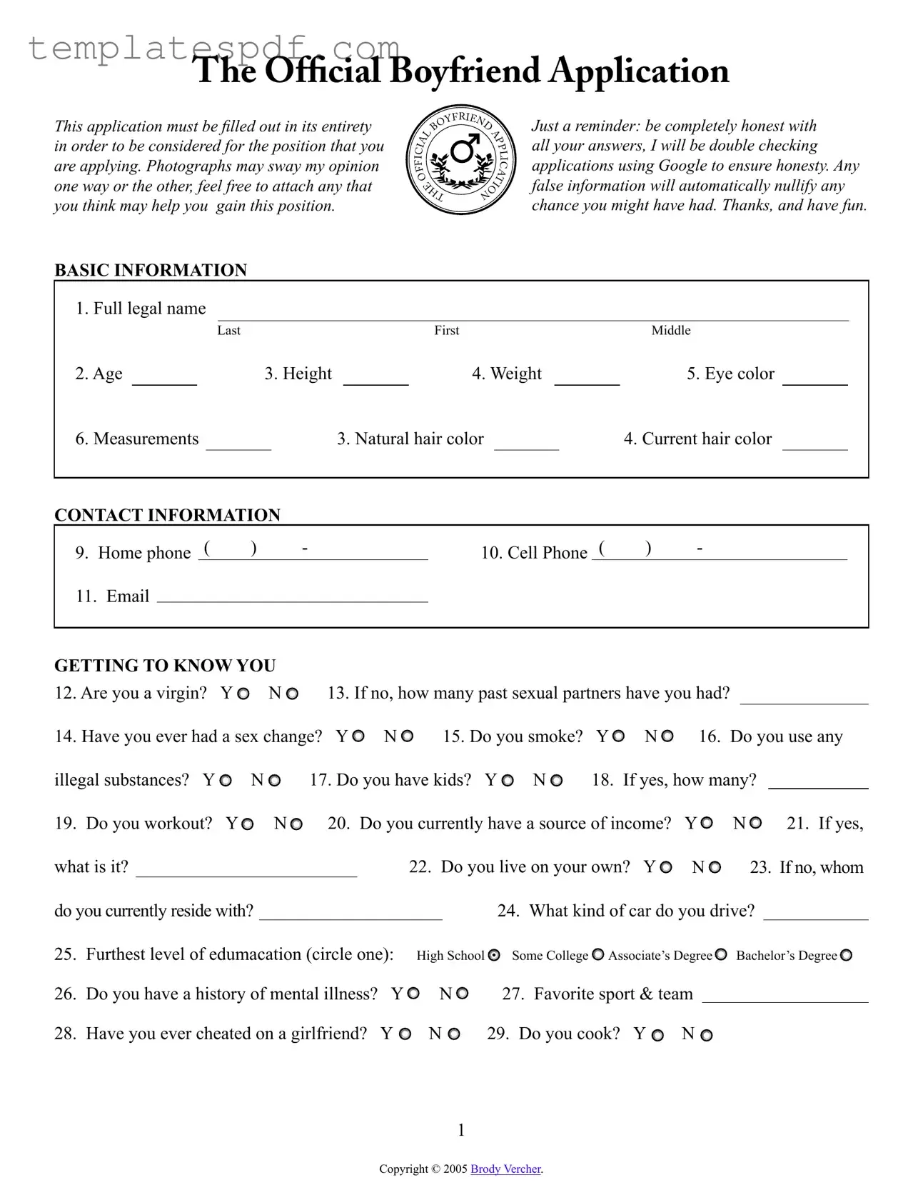 Fill Out a Valid Boyfriend application form Form