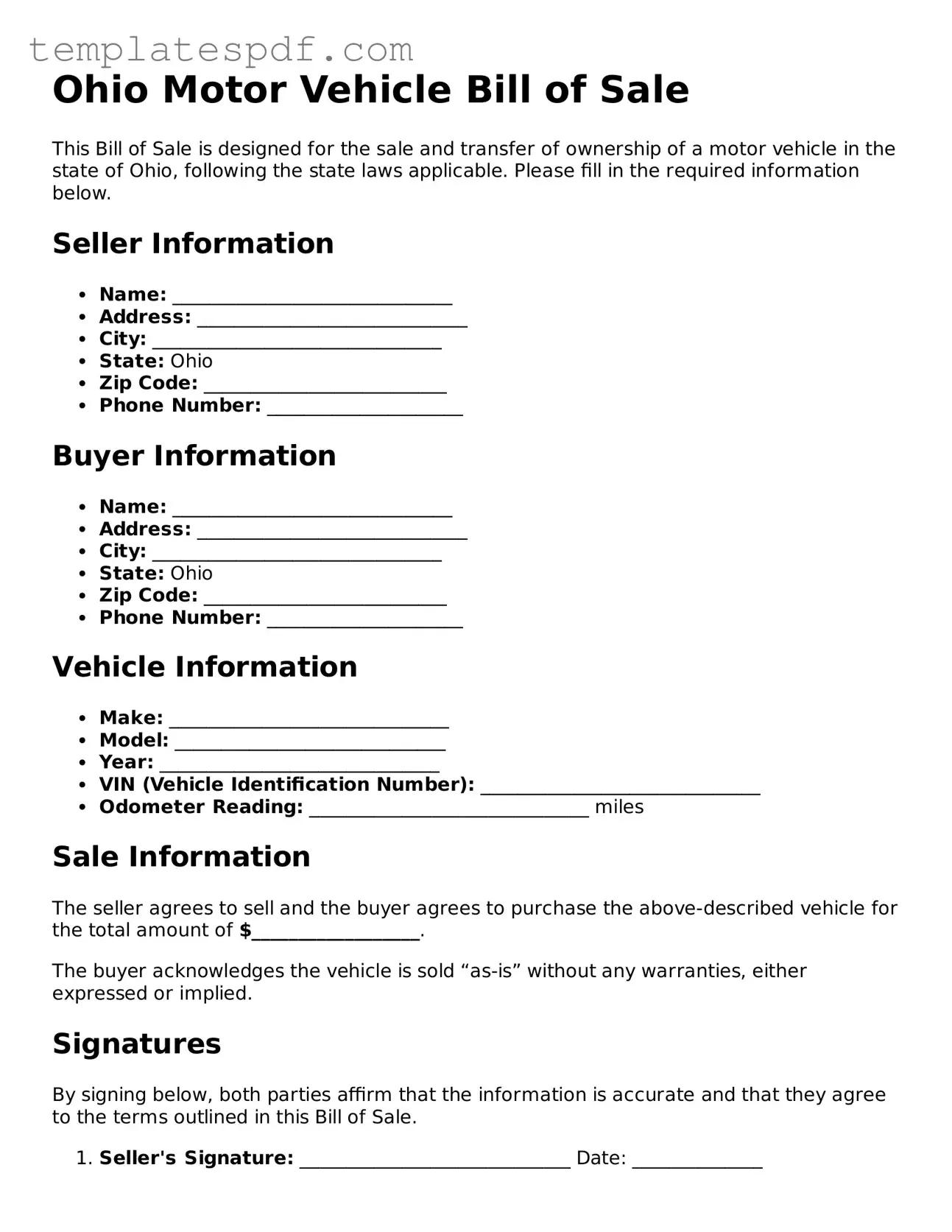Official  Motor Vehicle Bill of Sale Form for Ohio
