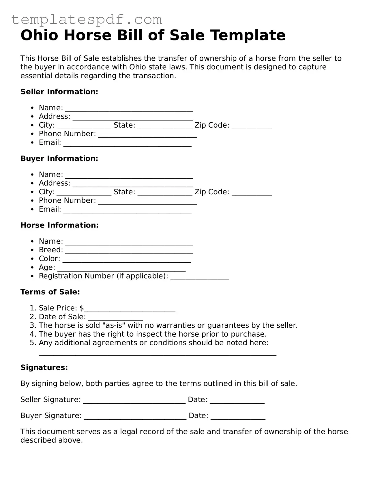 Official  Horse Bill of Sale Form for Ohio