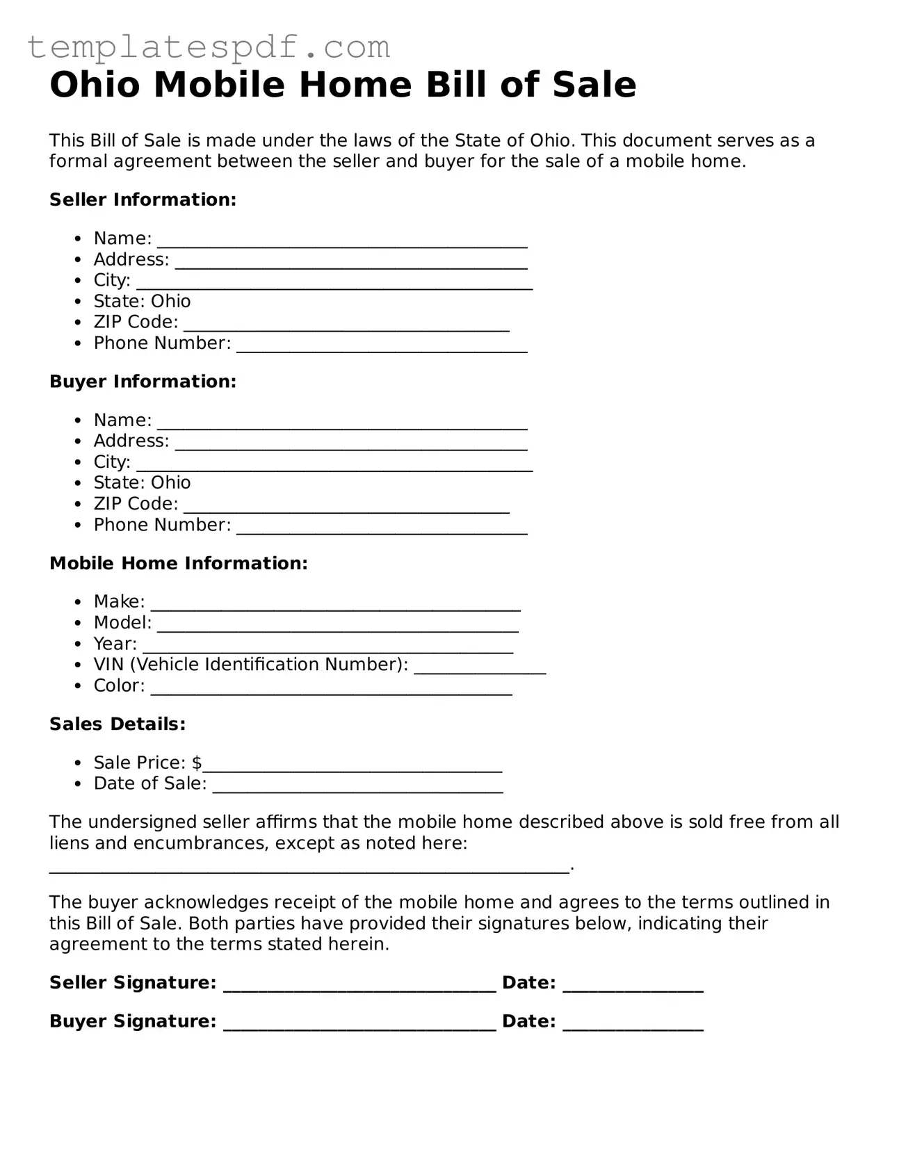 Official  Mobile Home Bill of Sale Form for Ohio
