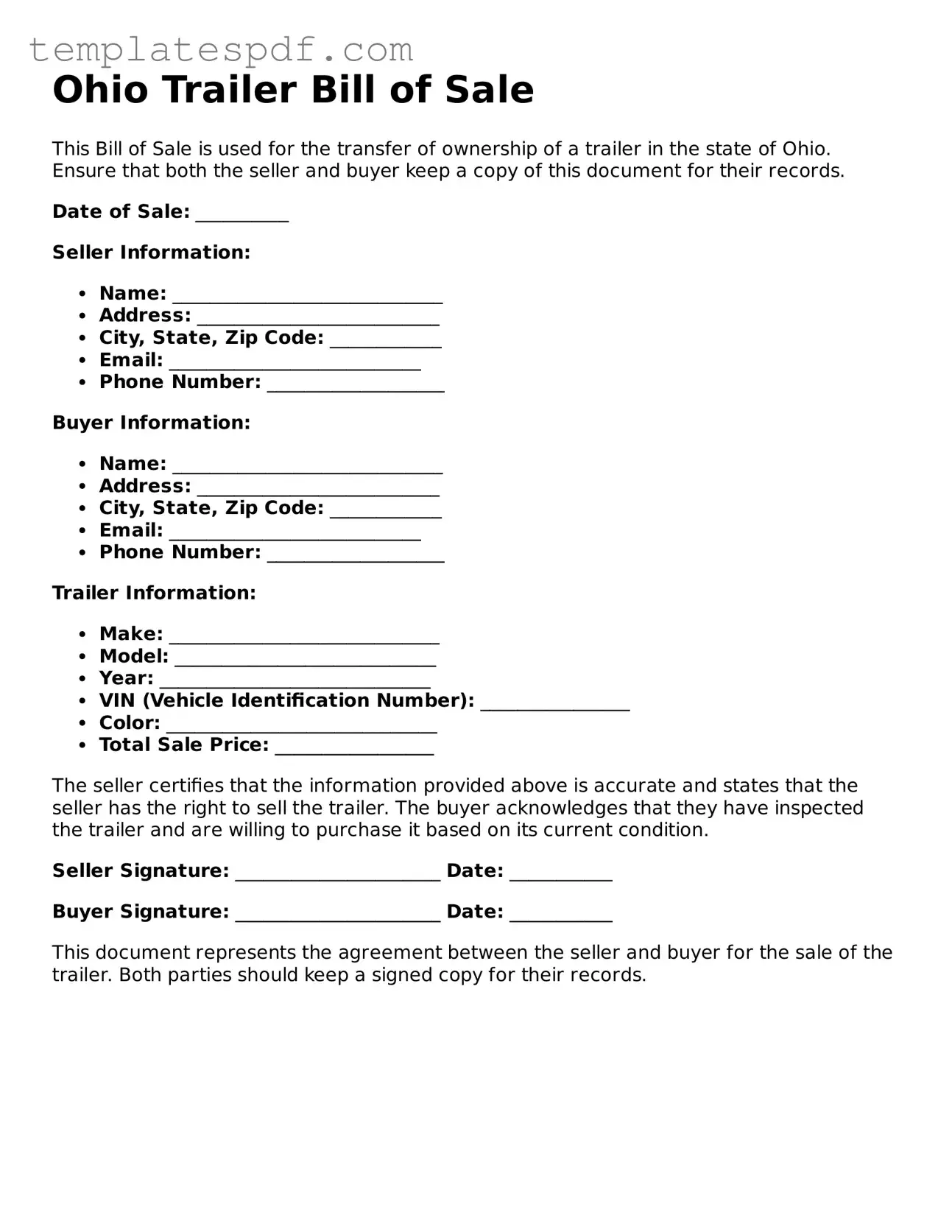 Official  Trailer Bill of Sale Form for Ohio