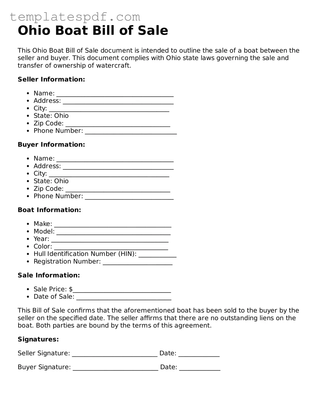 Official  Boat Bill of Sale Form for Ohio