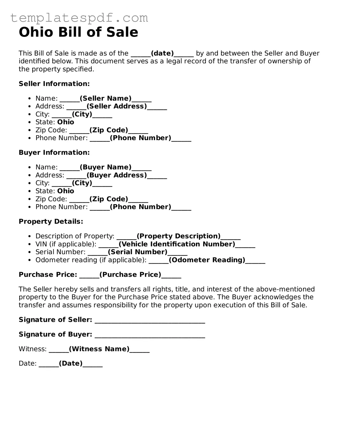 Official  Bill of Sale Form for Ohio