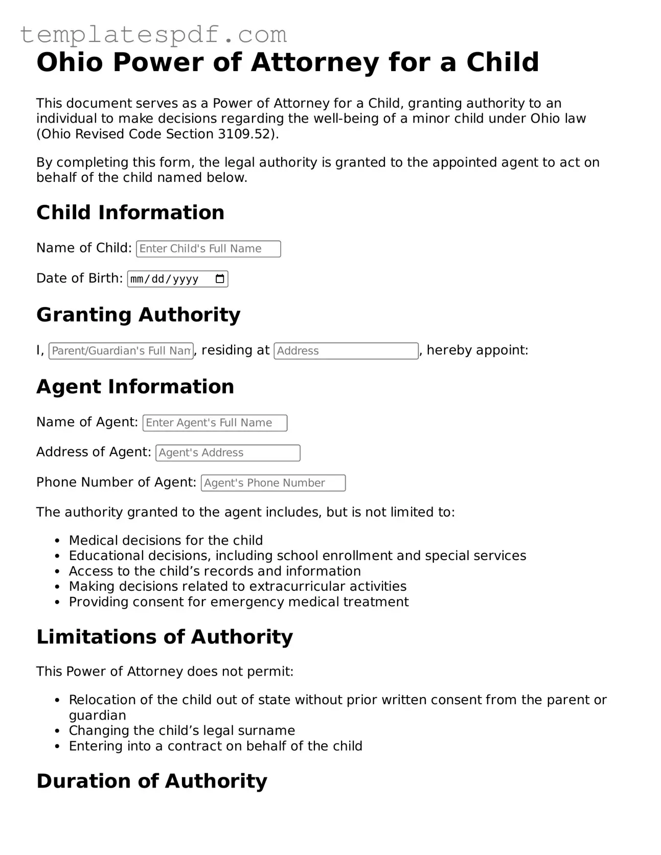 Official  Power of Attorney for a Child Form for Ohio