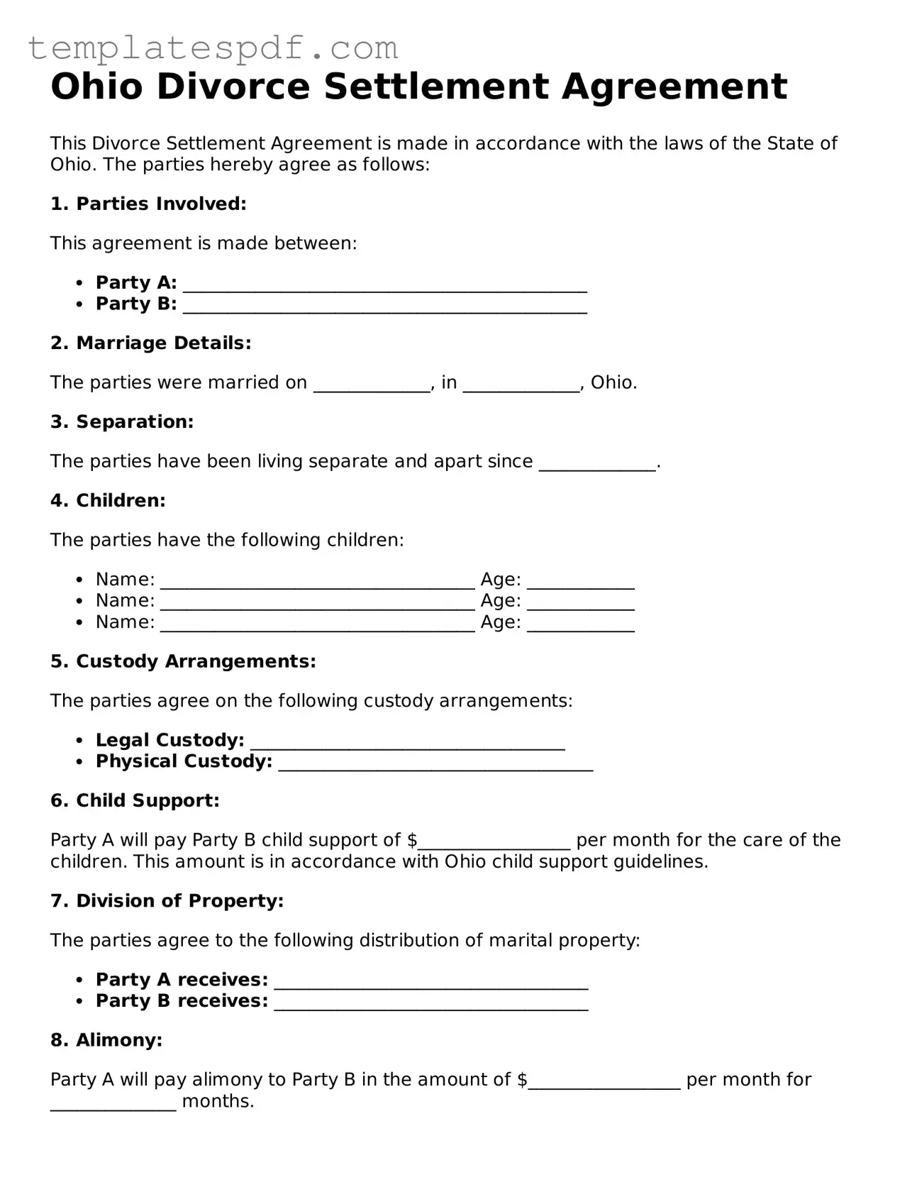 Official  Divorce Settlement Agreement Form for Ohio