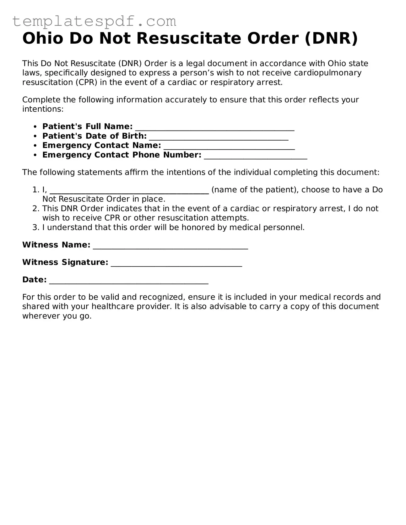 Official  Do Not Resuscitate Order Form for Ohio