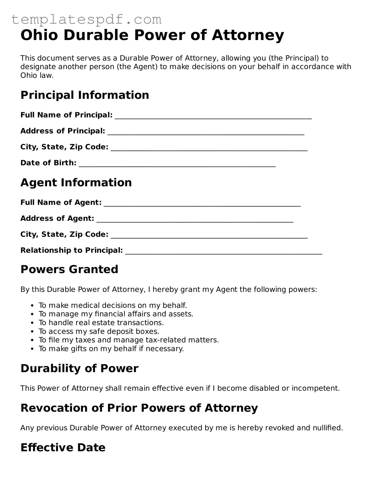 Official  Durable Power of Attorney Form for Ohio