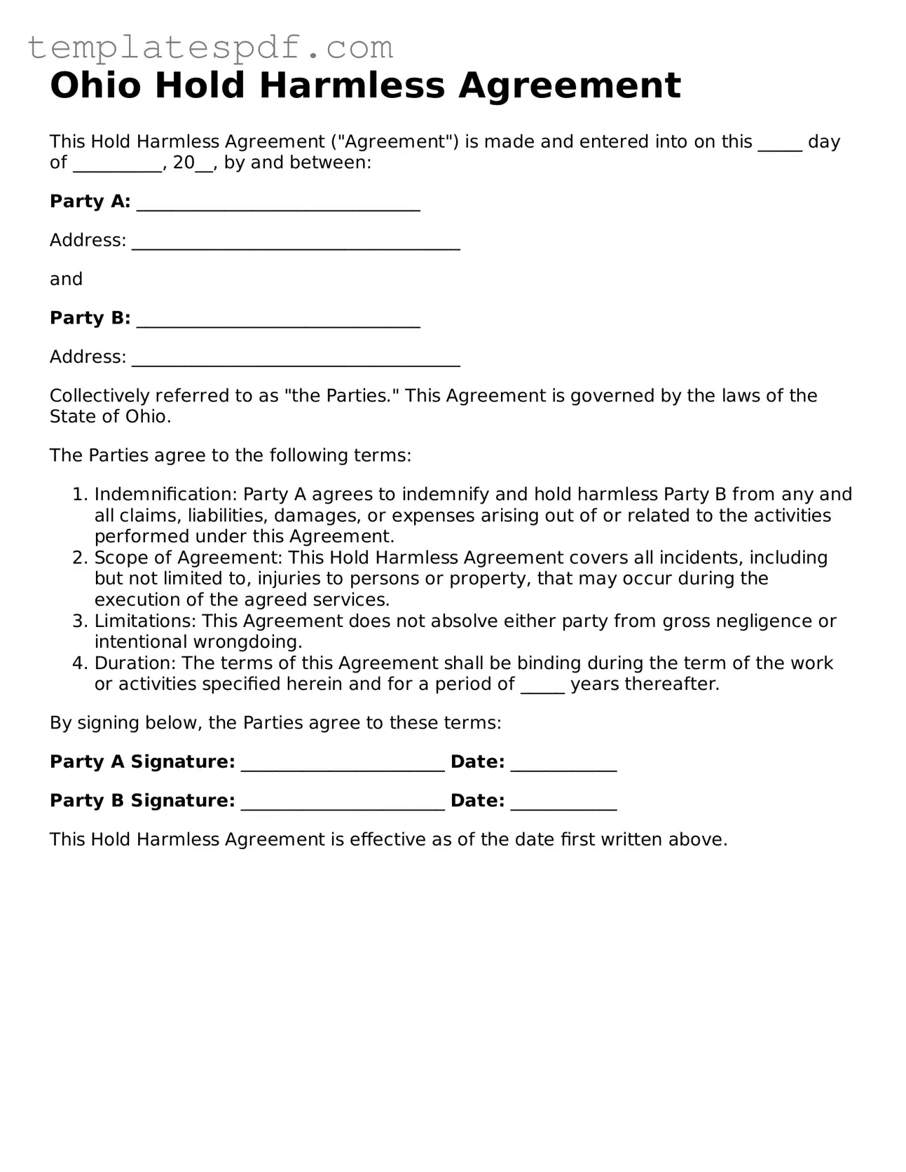 Official  Hold Harmless Agreement Form for Ohio