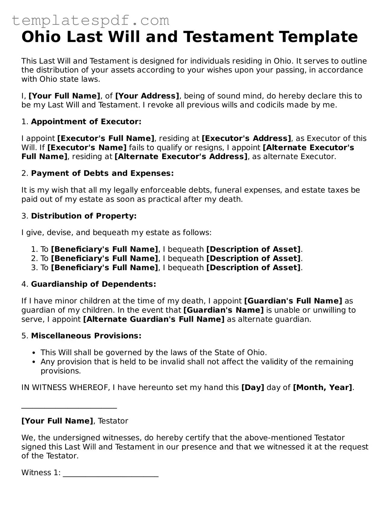 Official  Last Will and Testament Form for Ohio