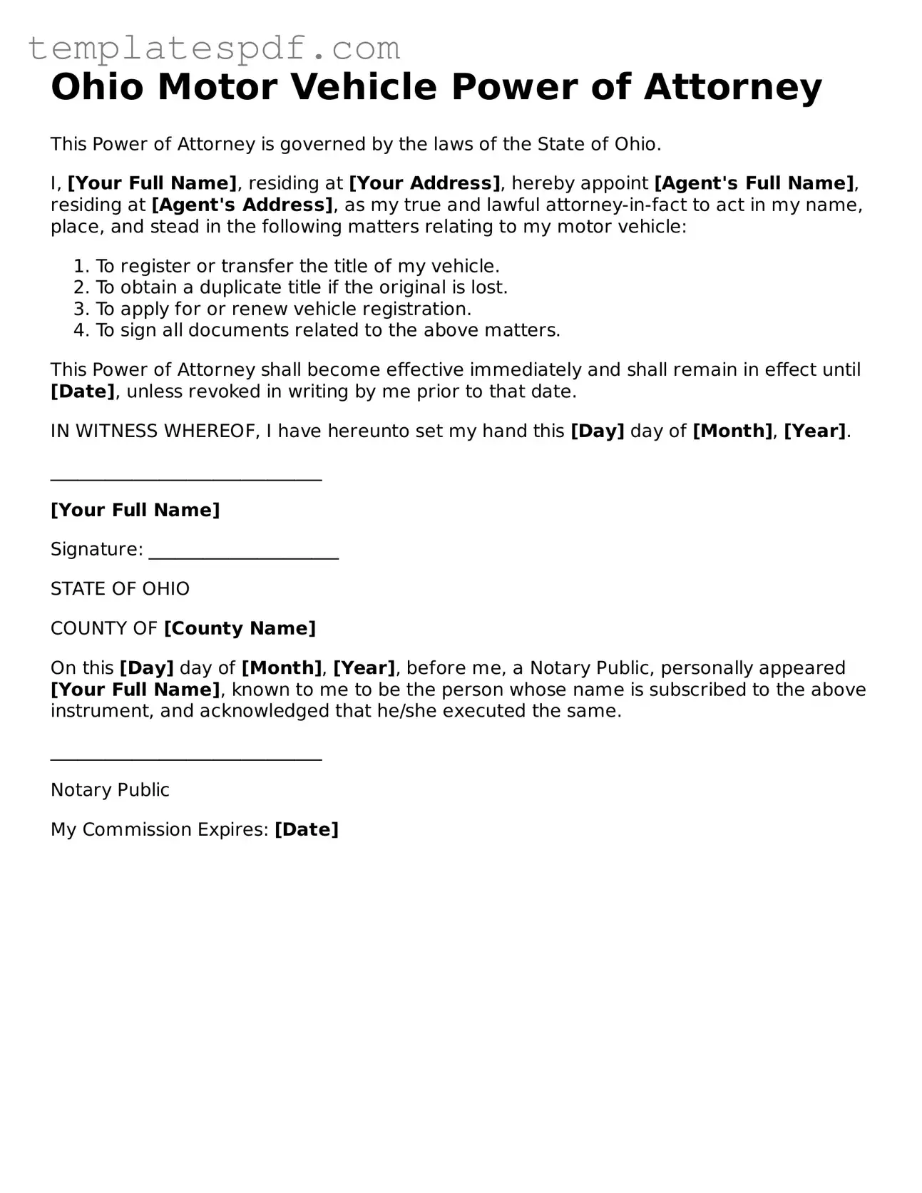 Official  Motor Vehicle Power of Attorney Form for Ohio