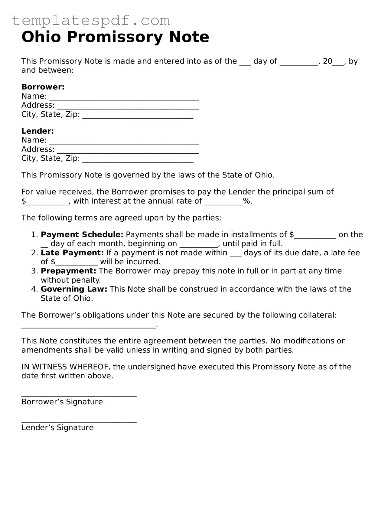 Official  Promissory Note Form for Ohio