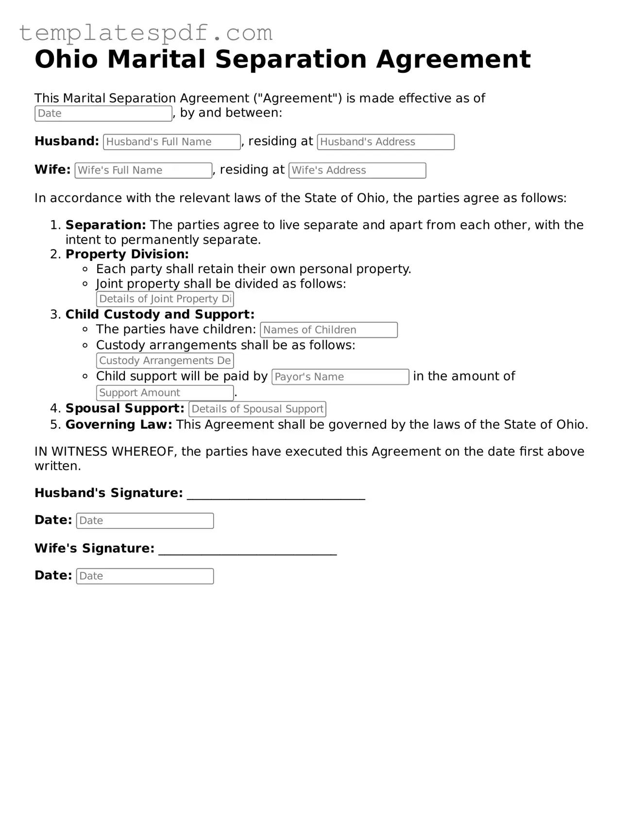 Official  Marital Separation Agreement Form for Ohio