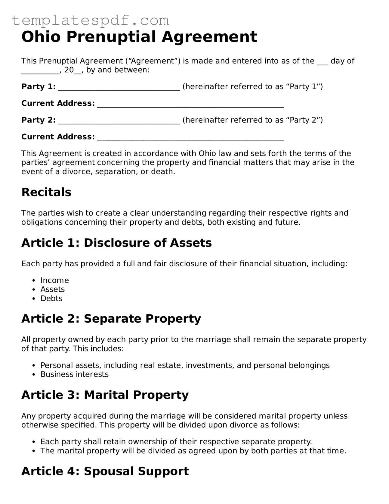 Official  Prenuptial Agreement Form for Ohio