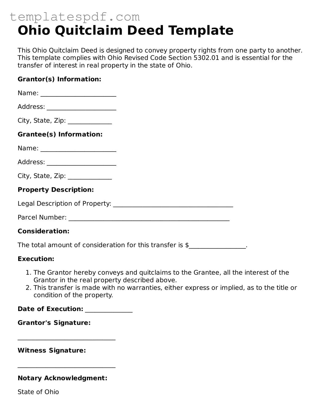 Official  Quitclaim Deed Form for Ohio