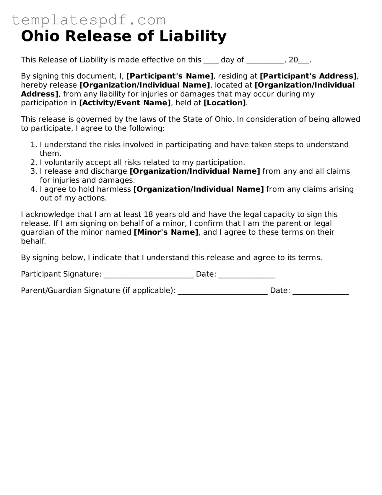 Official  Release of Liability Form for Ohio