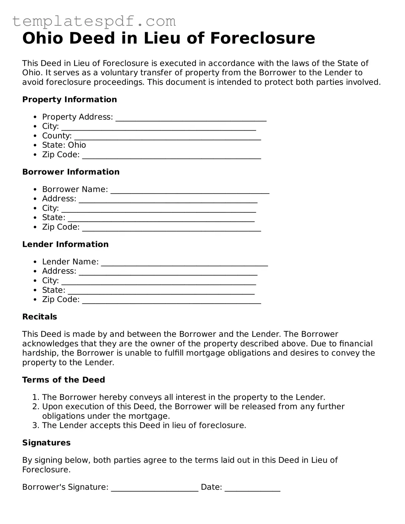 Official  Deed in Lieu of Foreclosure Form for Ohio