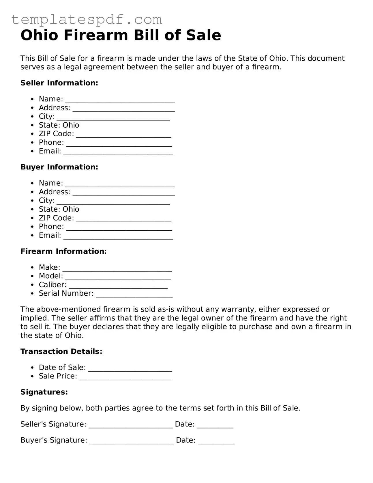 Official  Firearm Bill of Sale Form for Ohio
