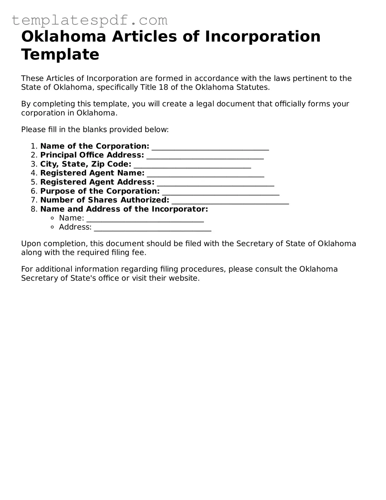 Official  Articles of Incorporation Form for Oklahoma