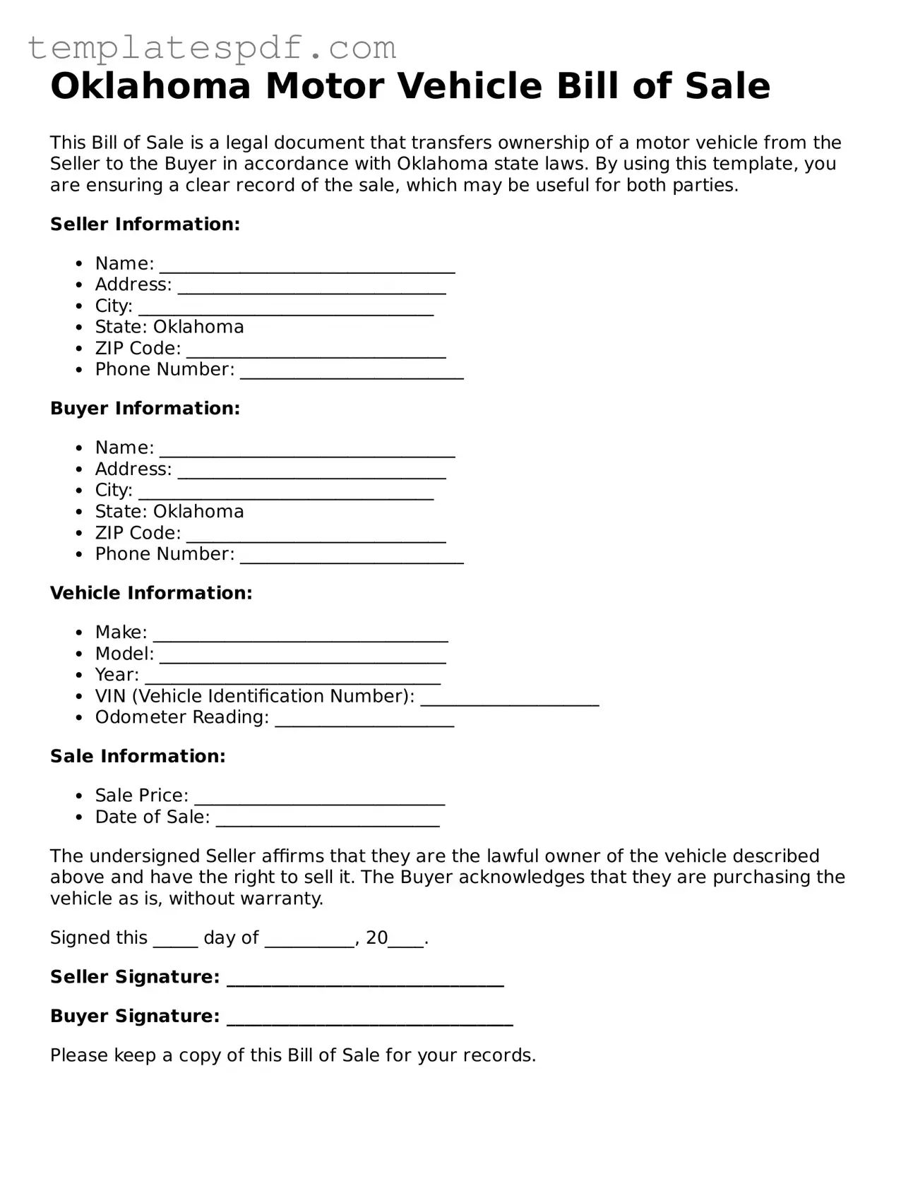 Official  Motor Vehicle Bill of Sale Form for Oklahoma