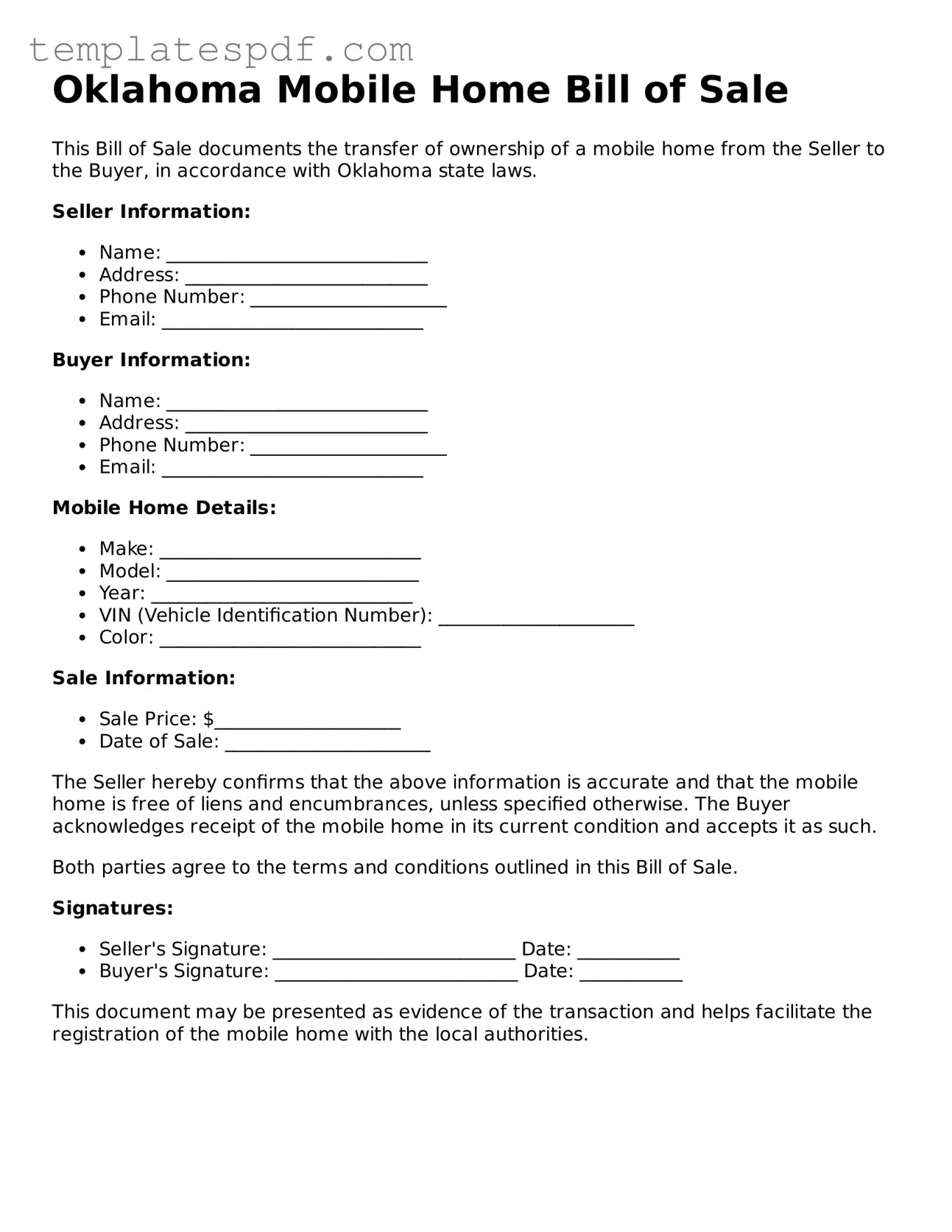 Official  Mobile Home Bill of Sale Form for Oklahoma