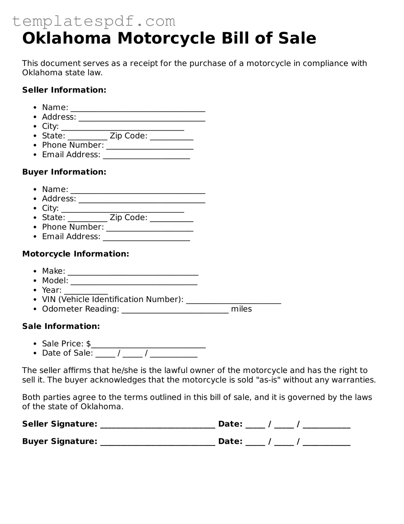 Official  Motorcycle Bill of Sale Form for Oklahoma