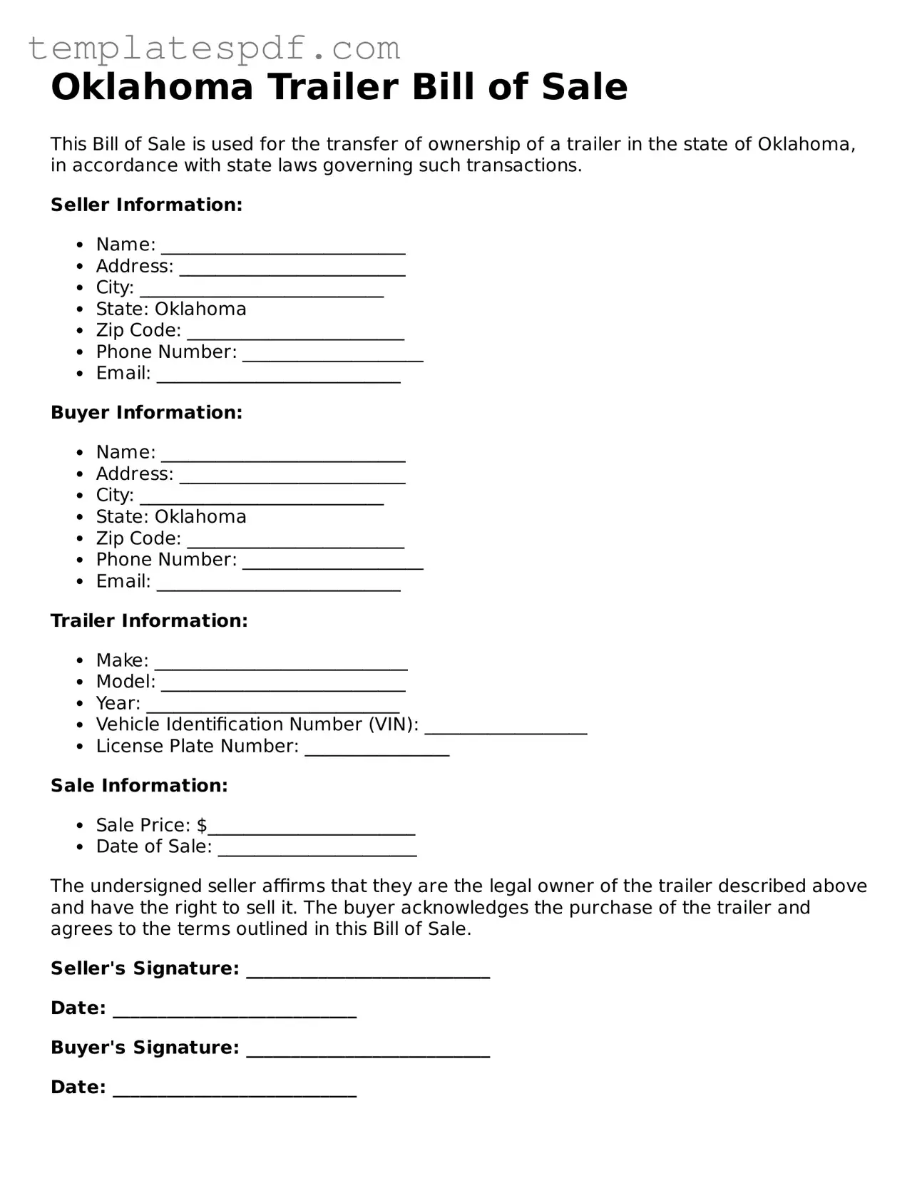 Official  Trailer Bill of Sale Form for Oklahoma