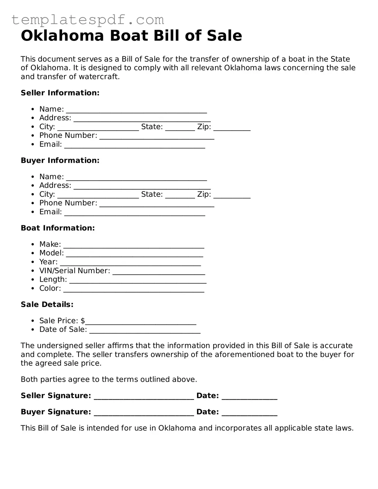 Official  Boat Bill of Sale Form for Oklahoma