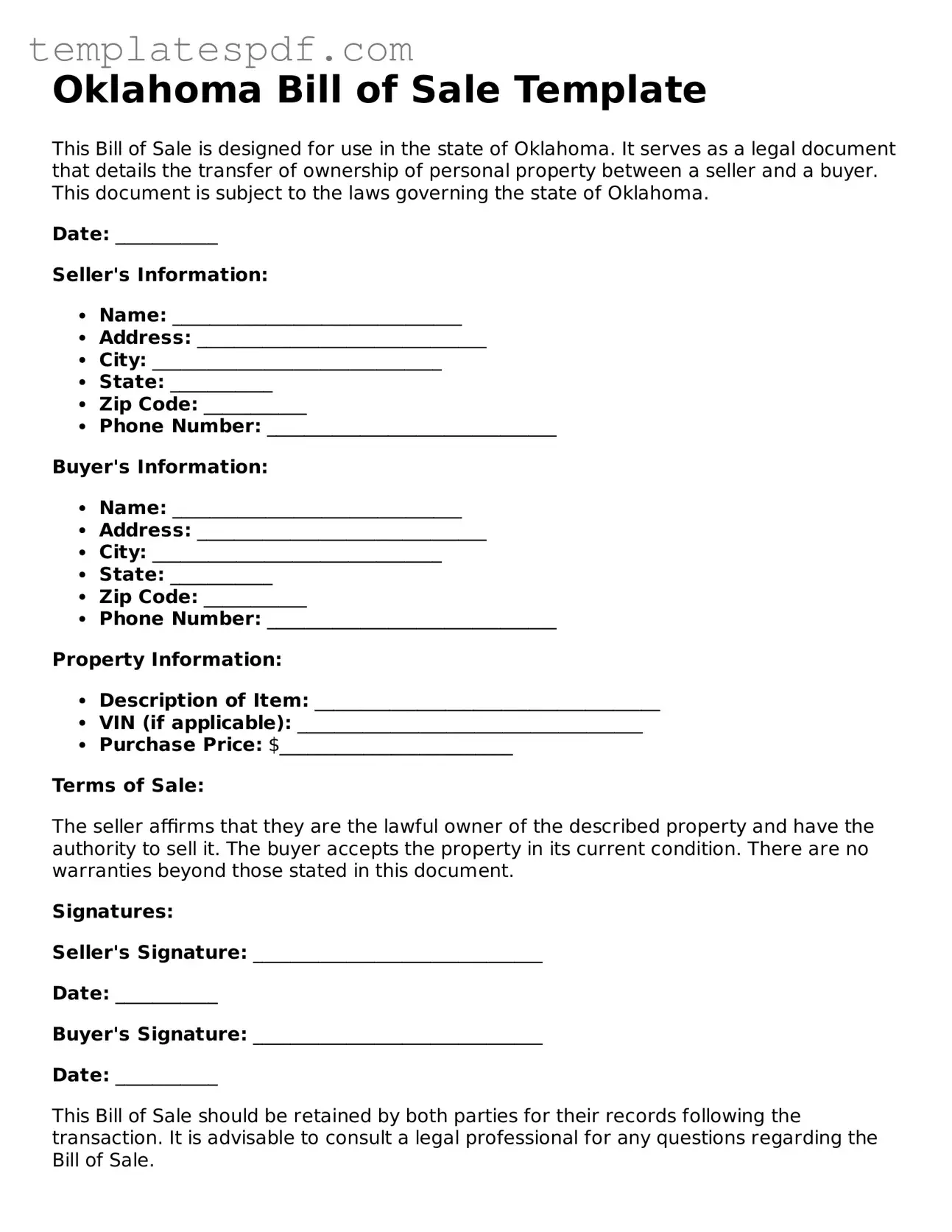 Official  Bill of Sale Form for Oklahoma