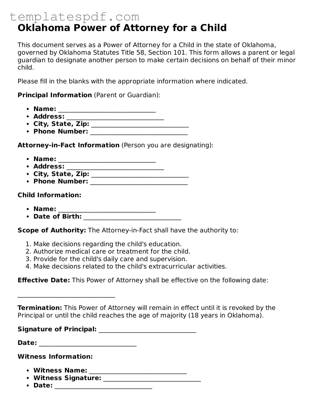 Official  Power of Attorney for a Child Form for Oklahoma
