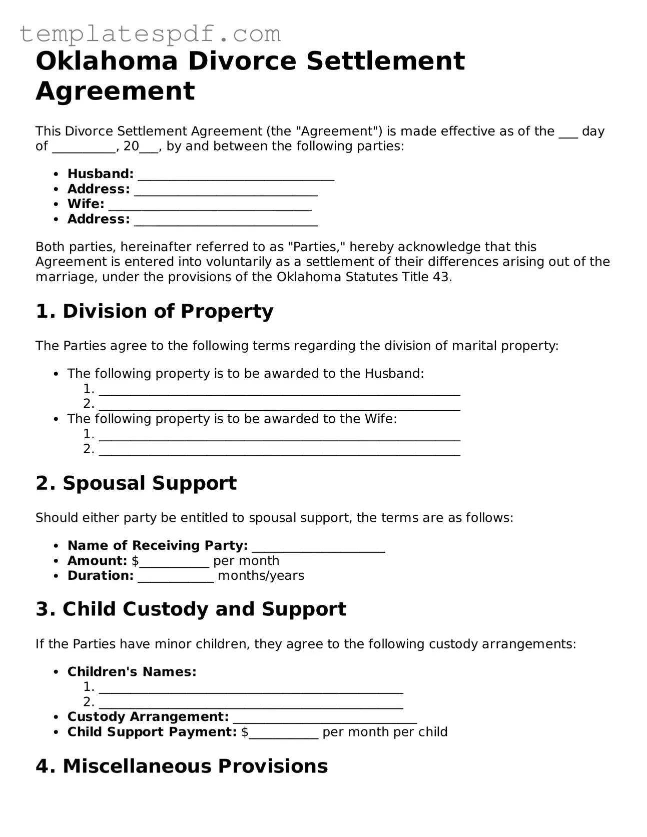 Official  Divorce Settlement Agreement Form for Oklahoma