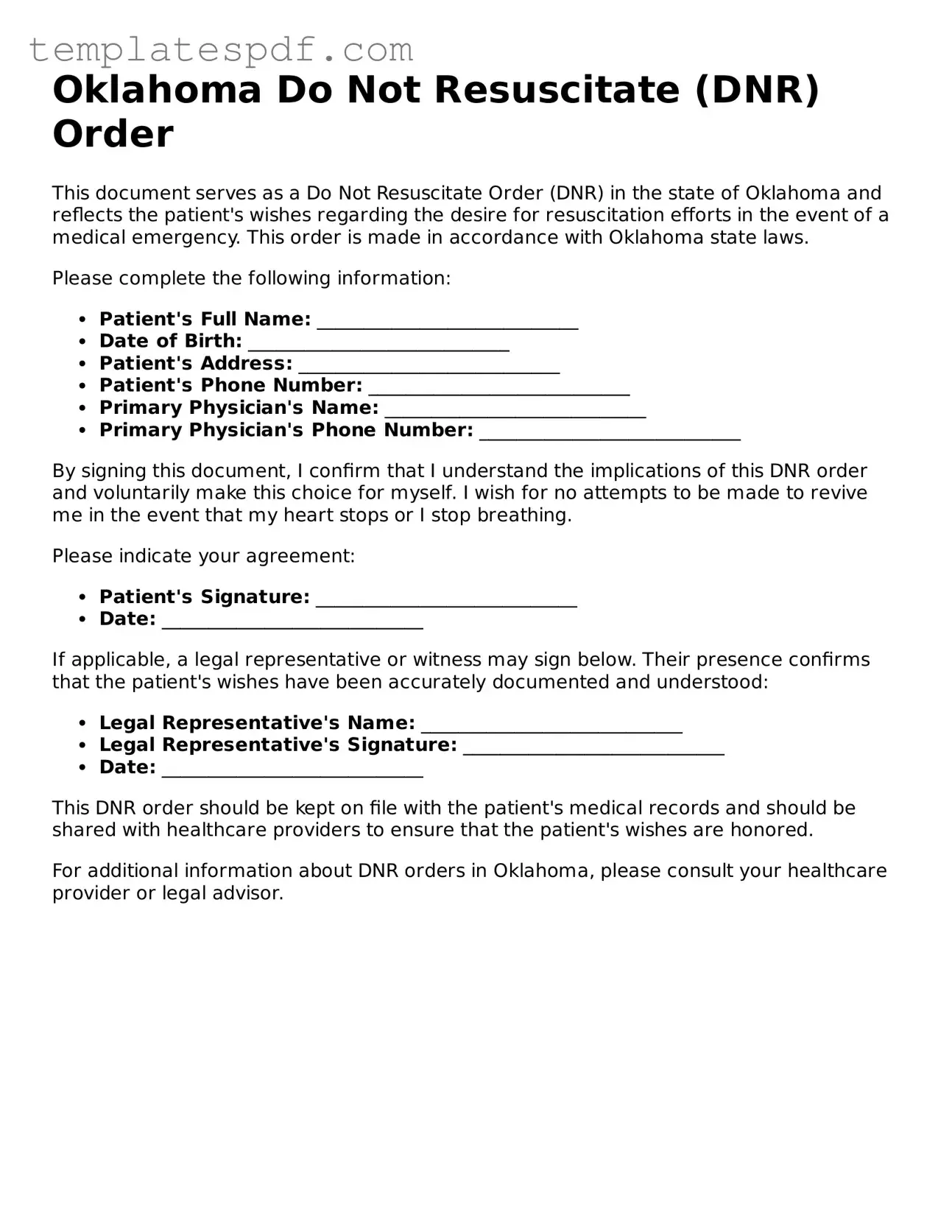 Official  Do Not Resuscitate Order Form for Oklahoma