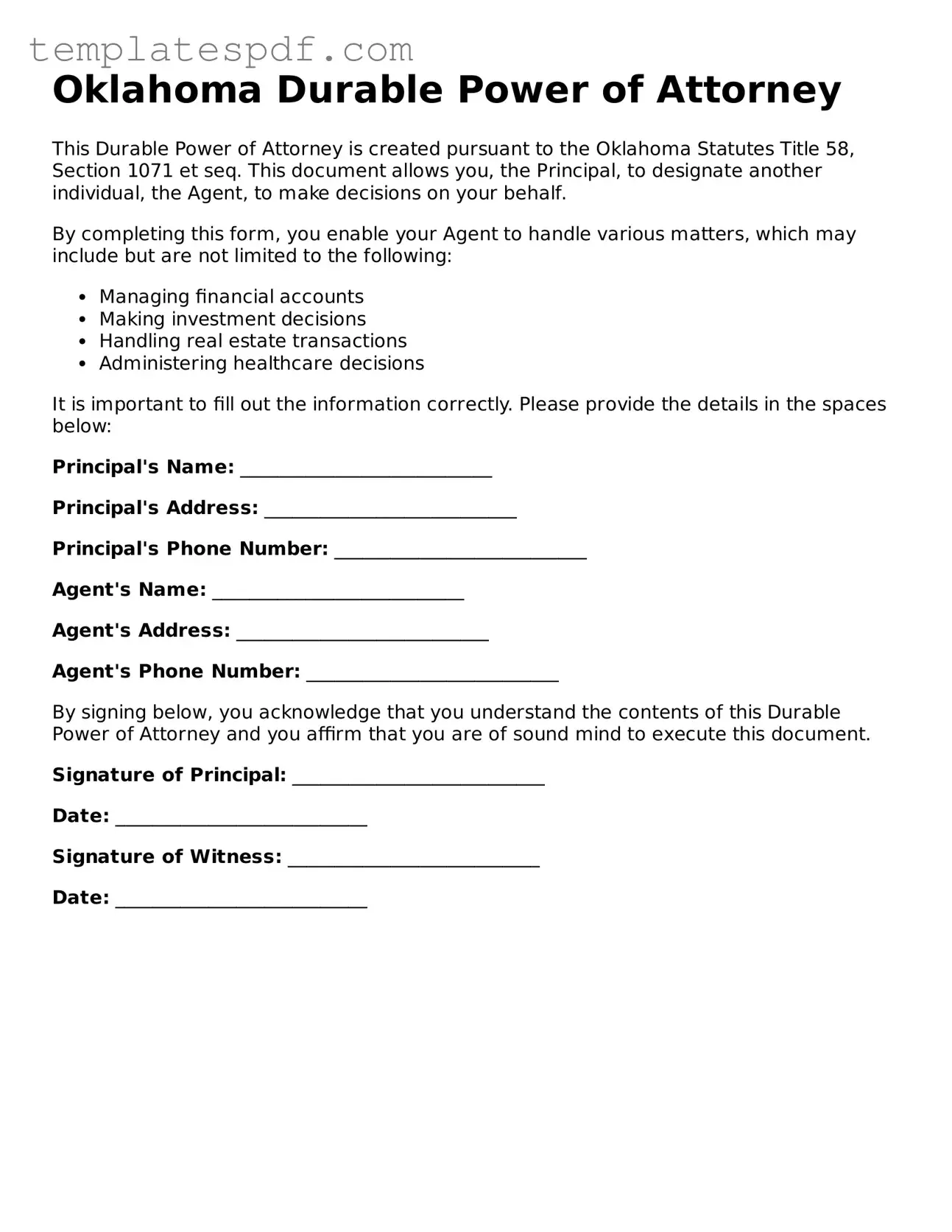 Official  Durable Power of Attorney Form for Oklahoma