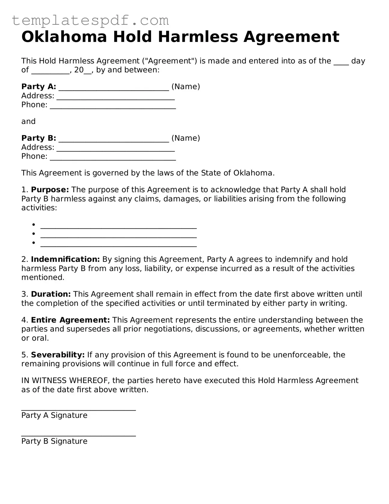 Official  Hold Harmless Agreement Form for Oklahoma