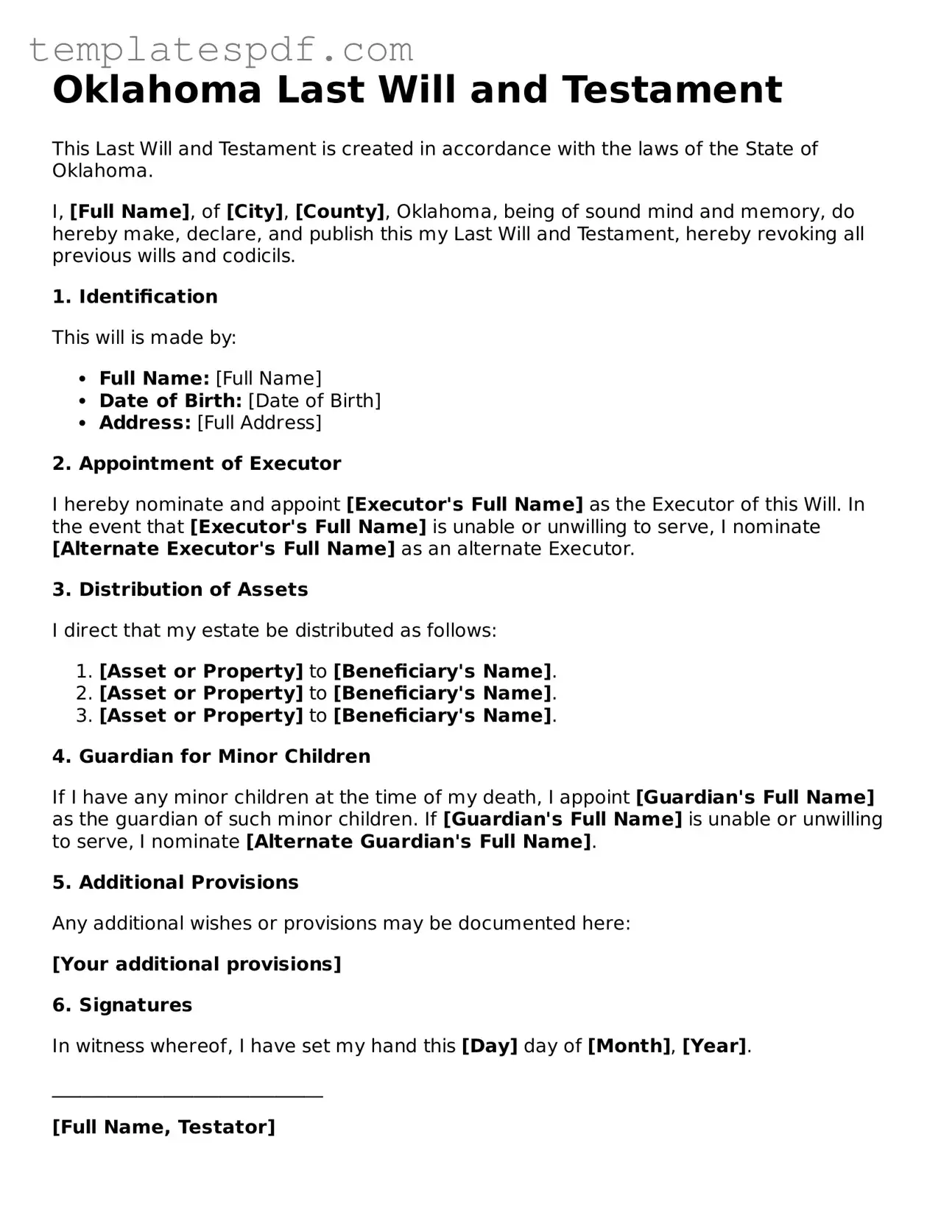 Official  Last Will and Testament Form for Oklahoma