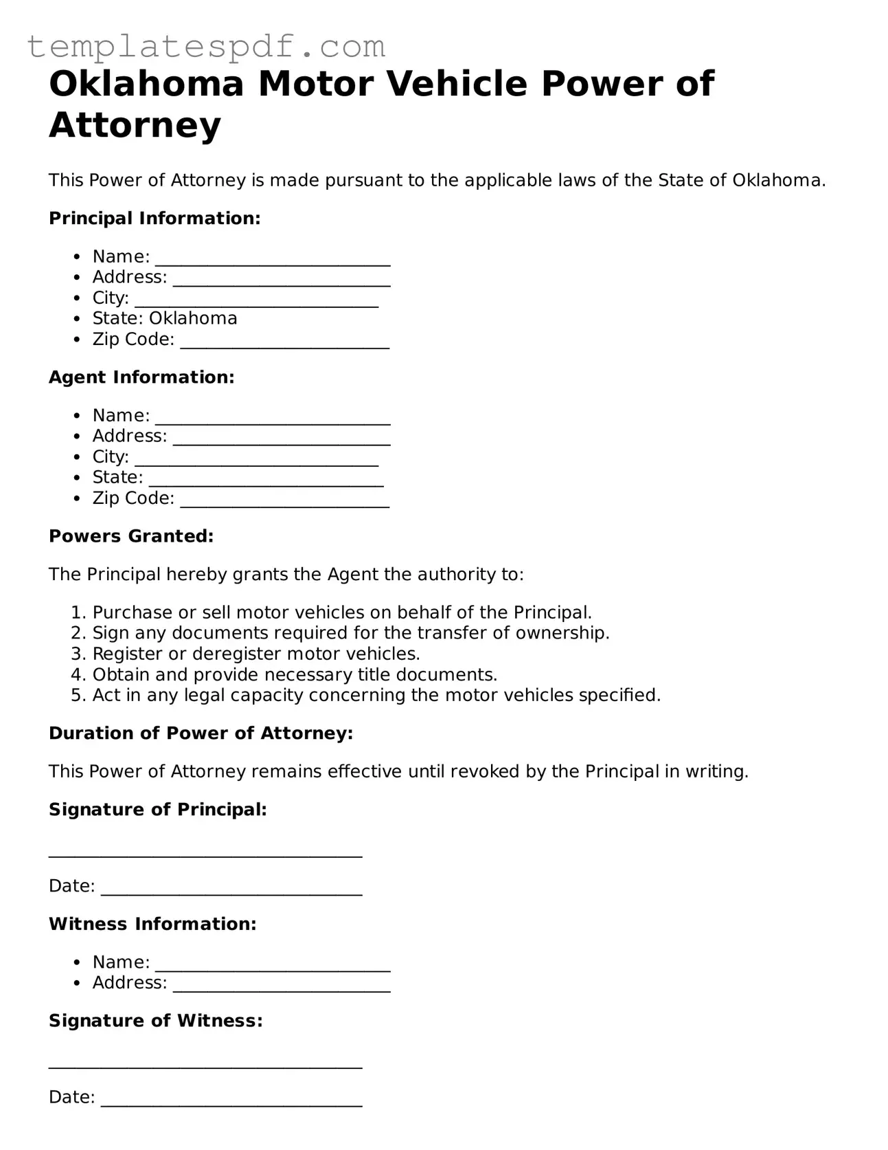 Official  Motor Vehicle Power of Attorney Form for Oklahoma