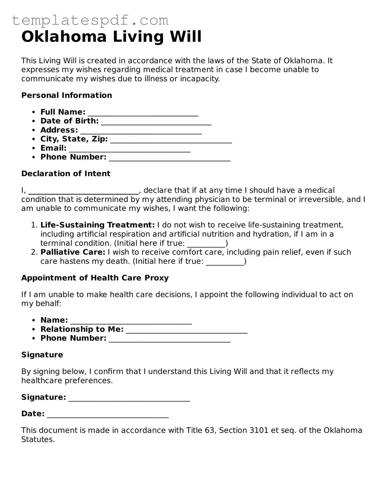 Official  Living Will Form for Oklahoma