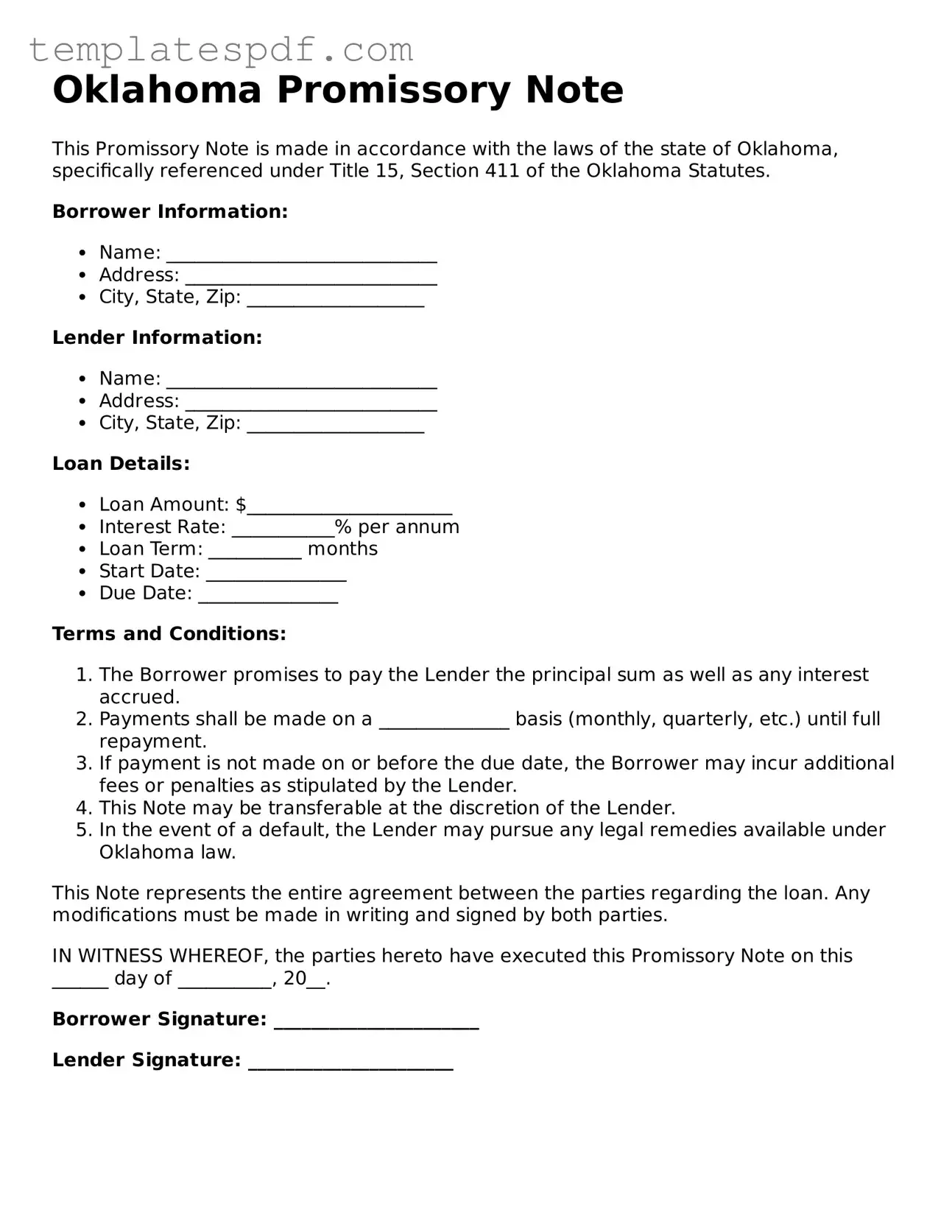 Official  Promissory Note Form for Oklahoma