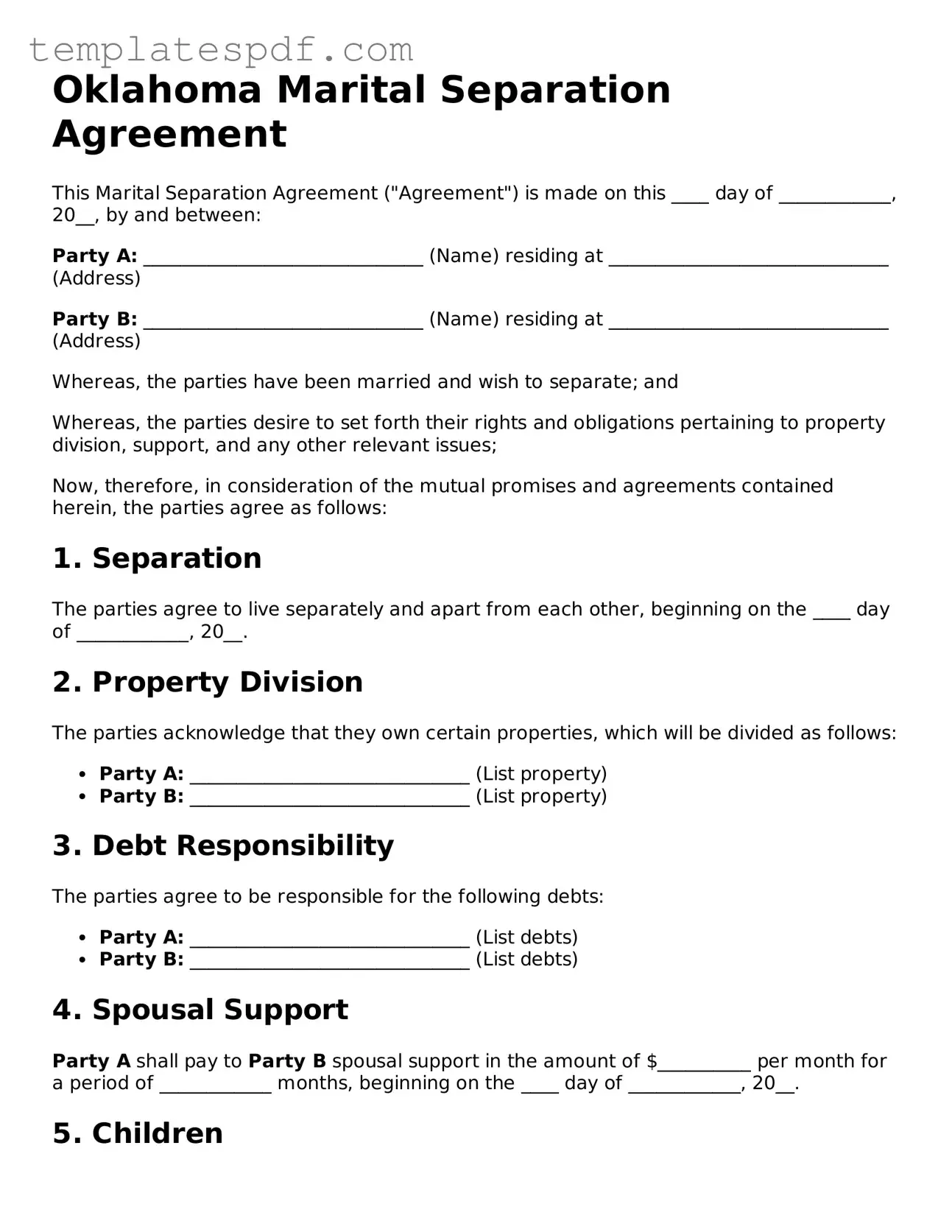 Official  Marital Separation Agreement Form for Oklahoma