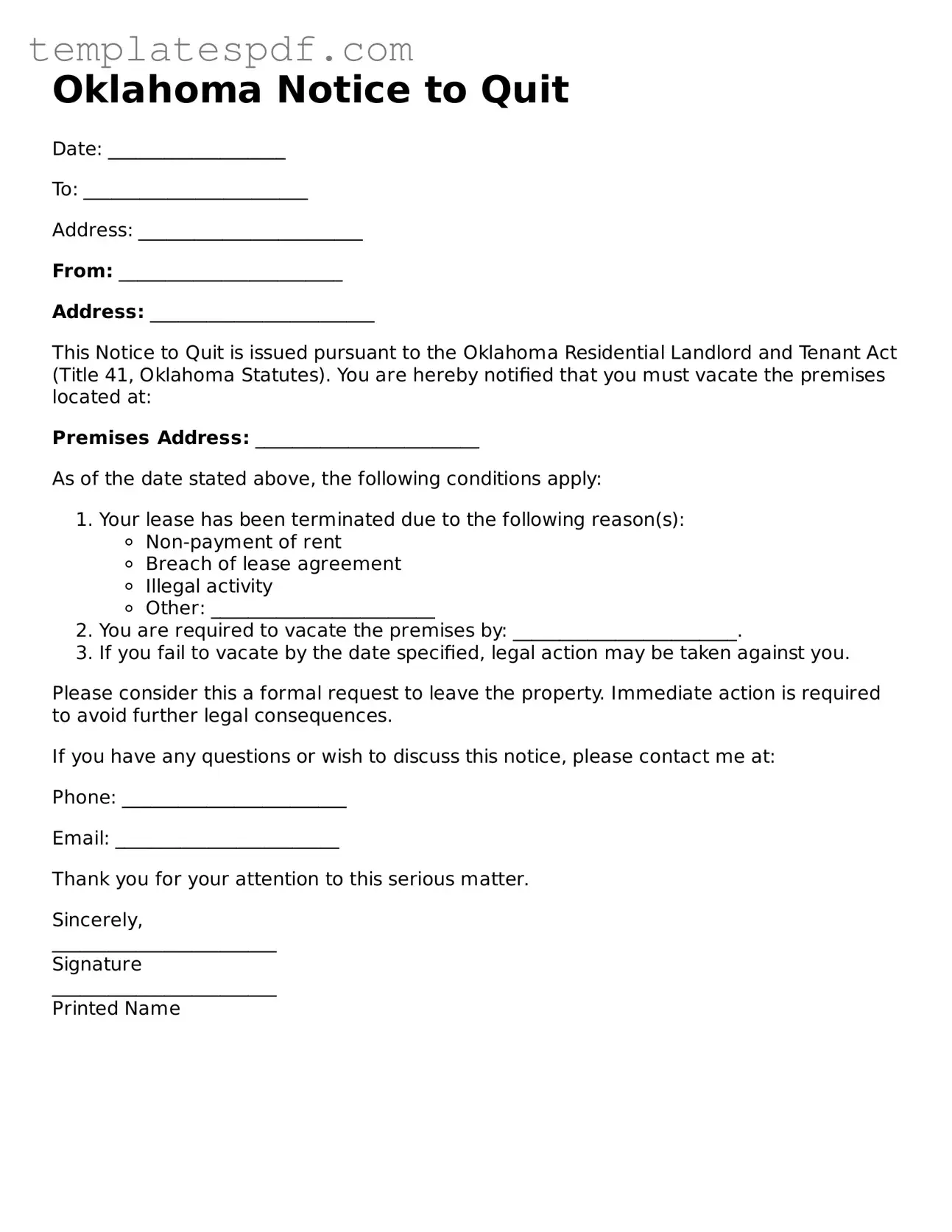 Official  Notice to Quit Form for Oklahoma