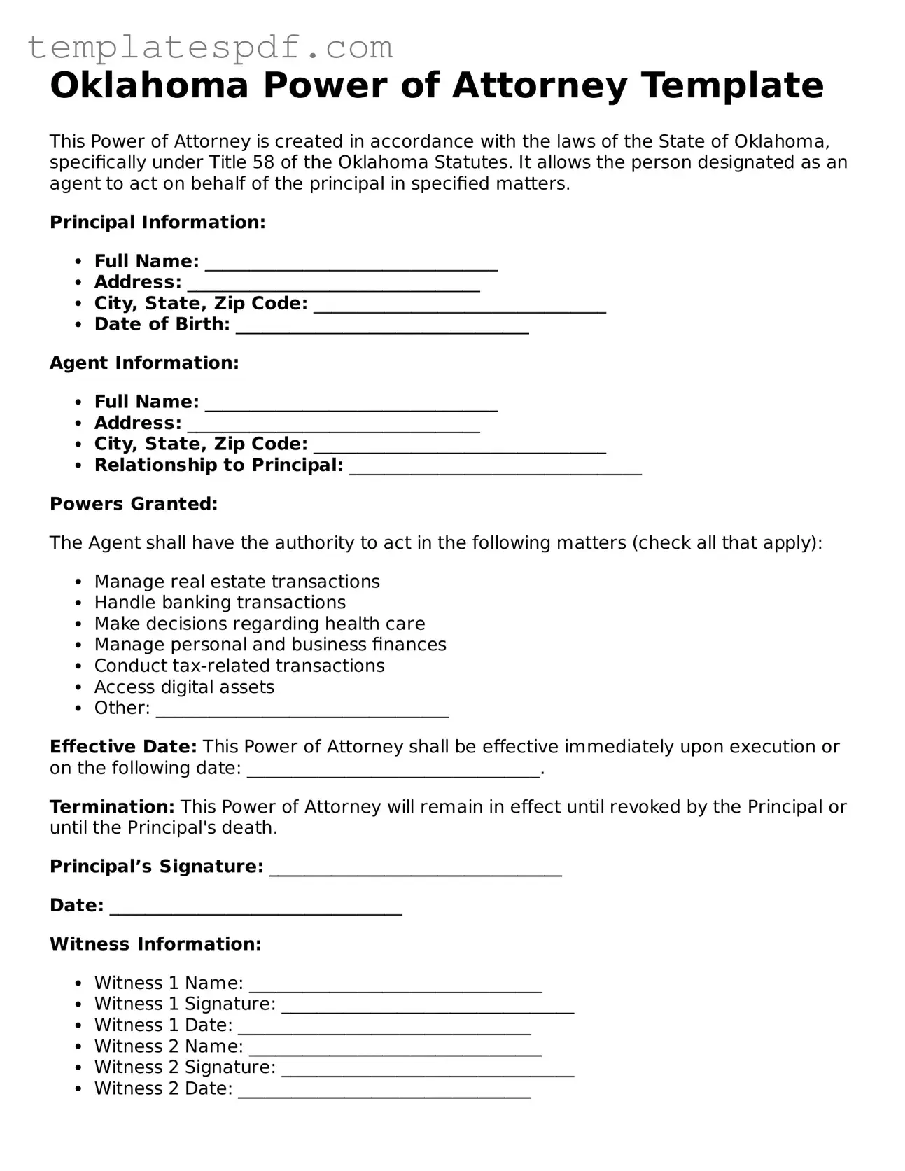 Official  Power of Attorney Form for Oklahoma