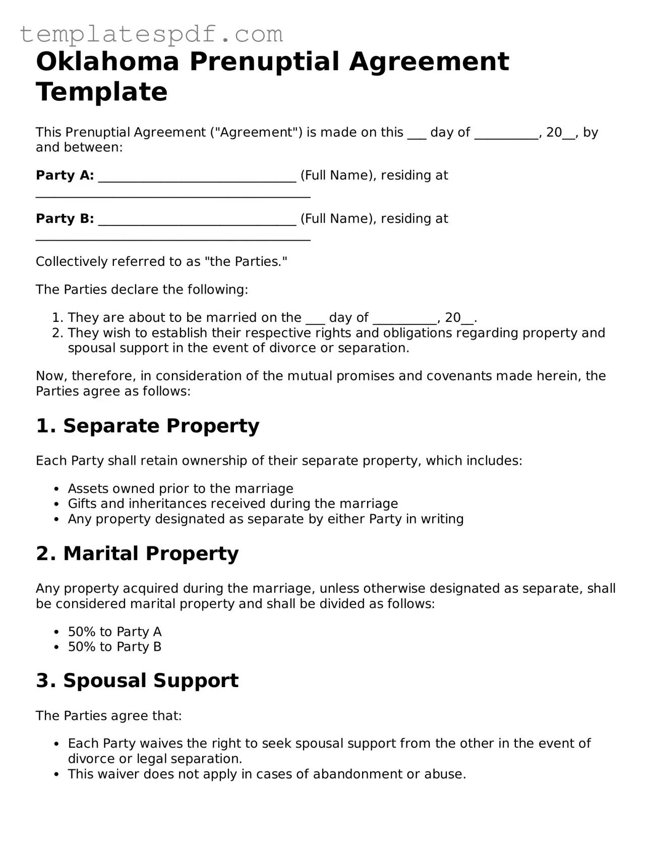 Official  Prenuptial Agreement Form for Oklahoma