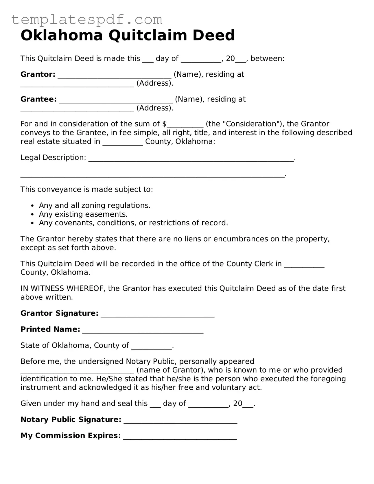 Official  Quitclaim Deed Form for Oklahoma