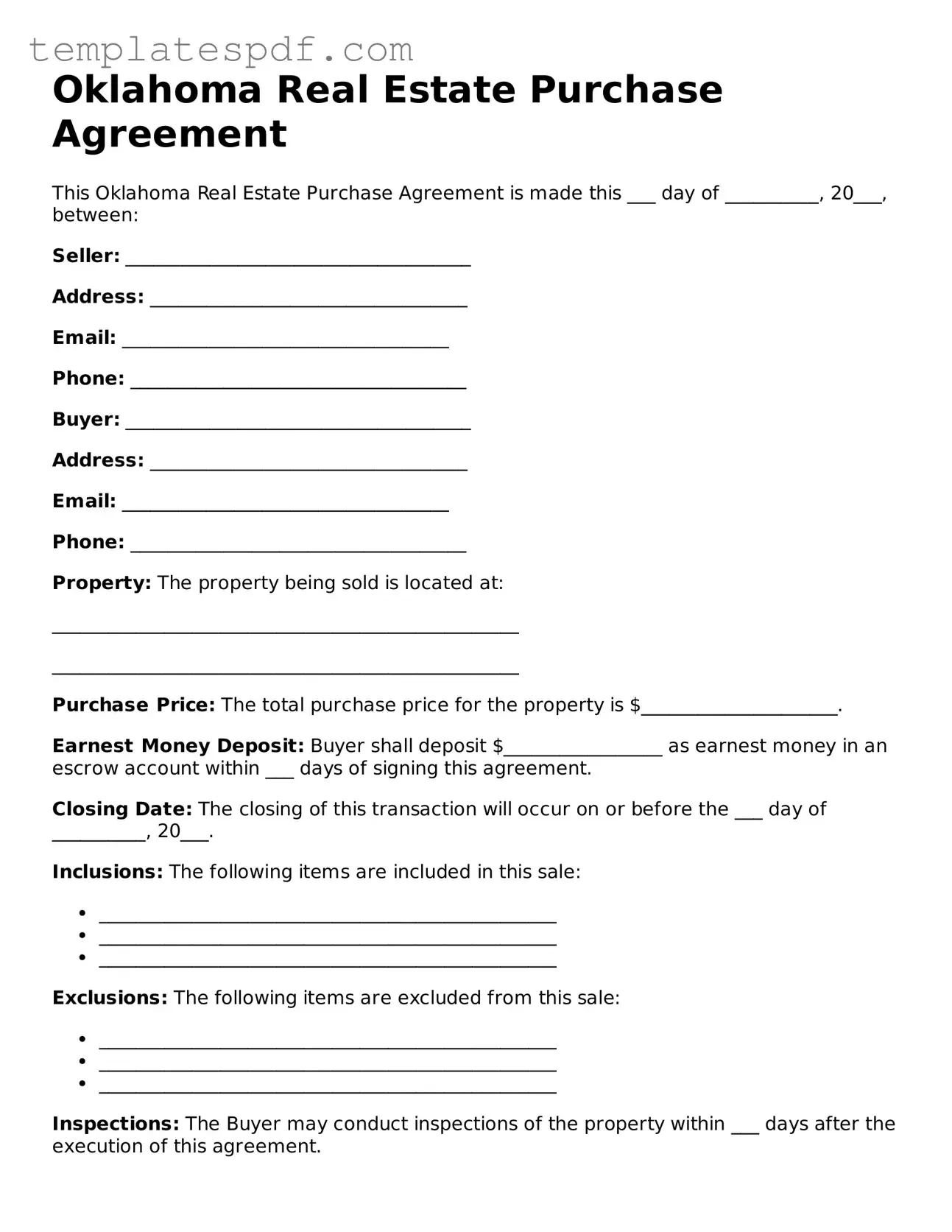 Official  Real Estate Purchase Agreement Form for Oklahoma