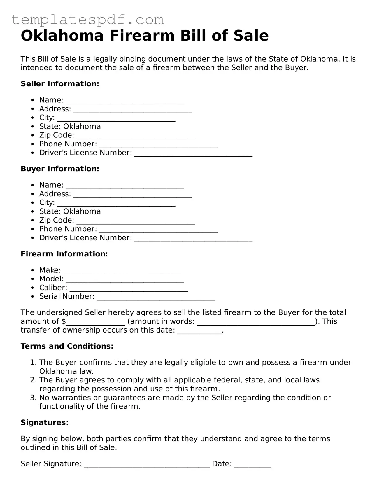 Official  Firearm Bill of Sale Form for Oklahoma