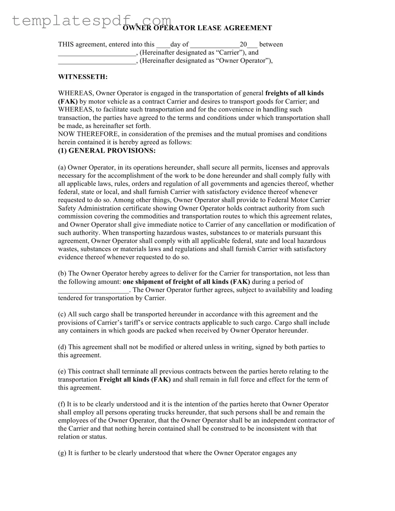 Fill Out a Valid Owner Operator Lease Agreement Form