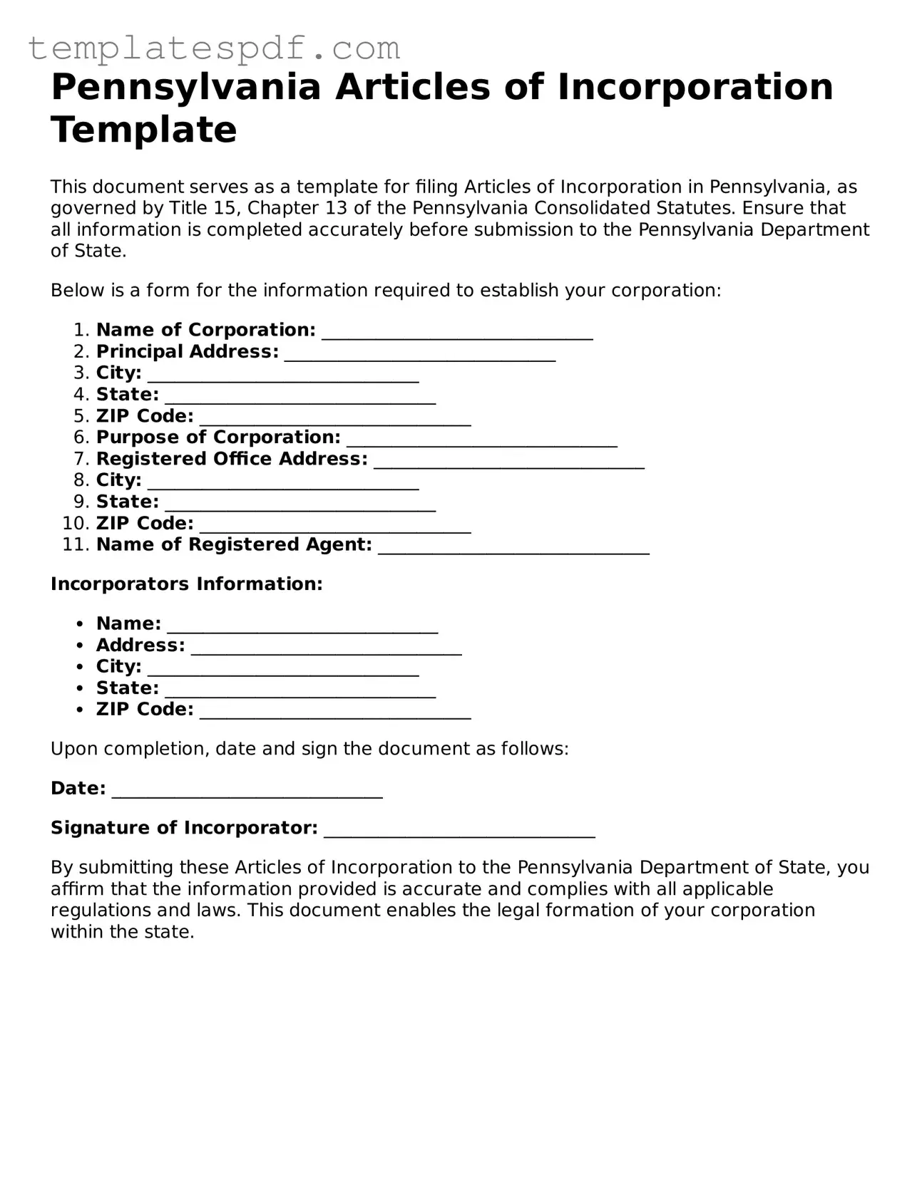 Official  Articles of Incorporation Form for Pennsylvania
