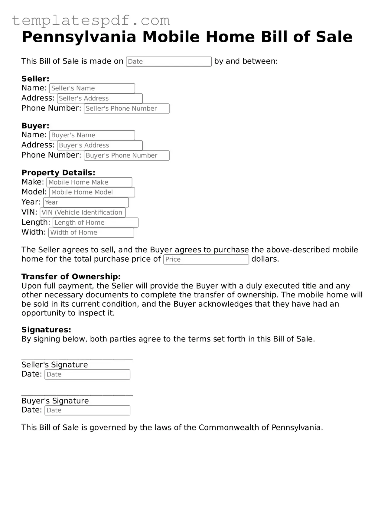 Official  Mobile Home Bill of Sale Form for Pennsylvania